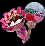 Mixed with mini bears, 1 dozen roses and 10 pcs ferrero chocolate with clear balloon